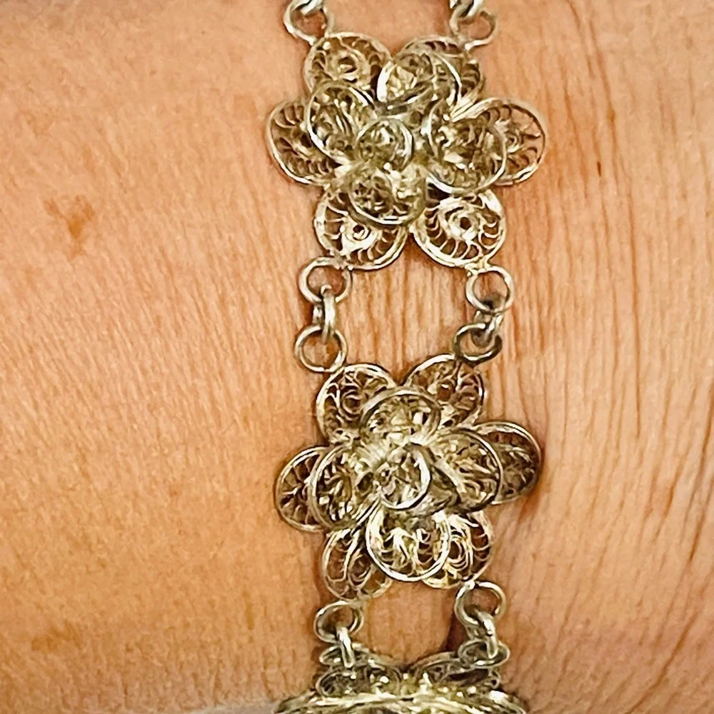 Antique? VTG? Sterling Silver Bracelet Filigree Flower Linked Sz 7 “ 18 G